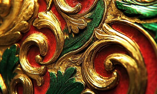 Close-up of Ornate Gold and Red Gilding, Intricate Design, Luxury Texture, Rich Colors, Detailed Carving,  Elegant Ornamentation, Decorative Art