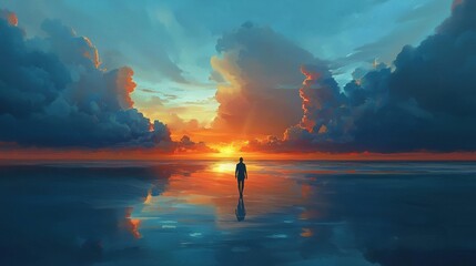 Obraz premium A solitary figure walks towards a vibrant sunset over a reflective ocean.