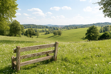 A peaceful countryside scene with rolling hills, fresh green grass, and blossoming trees, signaling the arrival of spring and the renewal of nature.