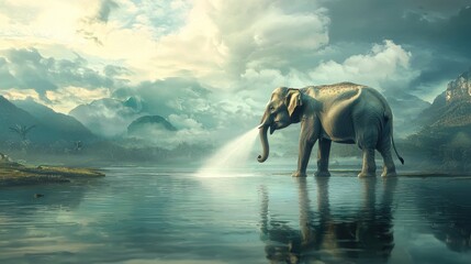 Fototapeta premium An elephant spraying water in a serene landscape with mountains and clouds.