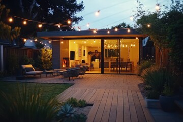 Modern backyard patio with deck, string lights, and glass doors leading to a cozy interior at dusk.