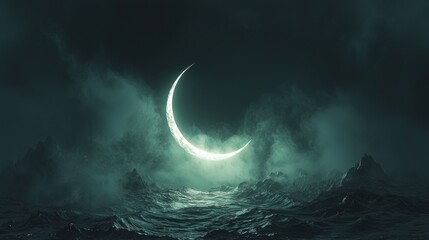 A mystical crescent moon illuminates a dark, turbulent ocean scene.