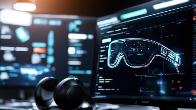 Innovative action of designing smart glasses tech lab digital prototype high-tech environment close-up view