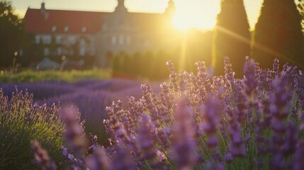 Naklejka premium A serene lavender field at sunset, highlighting nature's beauty and tranquility.