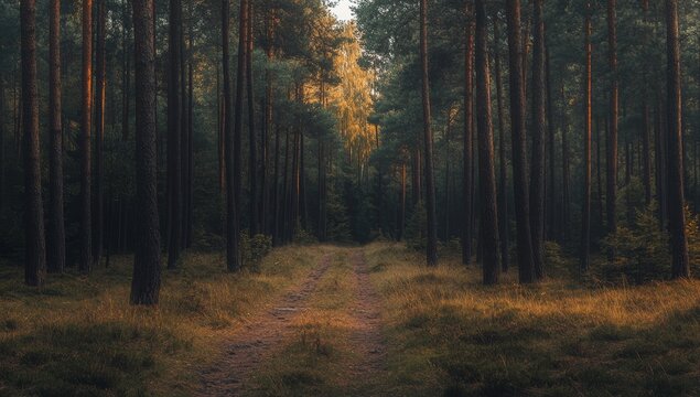 Misty forest path at dawn, sunlight through tall pine trees.