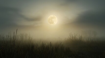 Fototapeta premium A serene moonlit landscape shrouded in fog, creating a mystical atmosphere.