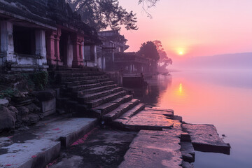 Naklejka premium A serene riverbank at sunrise where people gather to perform rituals and offer prayers during Makar Sankranti, symbolizing gratitude and the renewal of life.