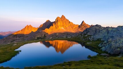 Stunning Sunrise Reflecting on Majestic Mountain Peaks in Alpine Lake - Wide Shot Photo. AI Generated