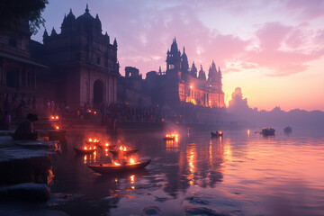 Naklejka premium A sunrise view of people celebrating Makar Sankranti by taking a holy dip in a river, offering prayers, and releasing small flower-lit boats into the flowing water, symbolizing purity and gratitude.