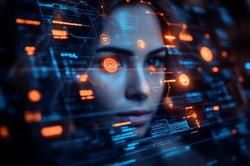 Woman's face overlaid with futuristic HUD interface.