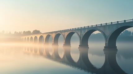 Fototapeta premium A serene bridge arches over misty waters, reflecting tranquility in the early morning light.