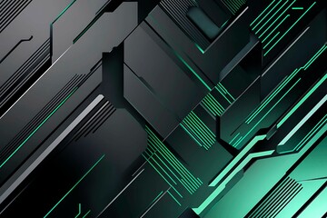 Close-up of a futuristic circuit board design illuminated by green neon lights, showcasing intricate technology and innovation.
