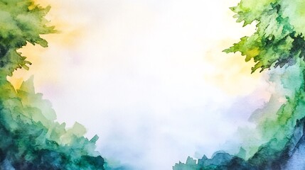 Fototapeta premium Serene Watercolor Illustration: Misty Forest Frame, Softly Painted Landscape. AI Generated
