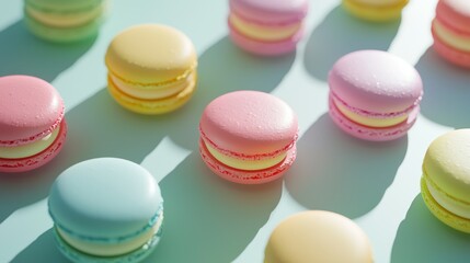 Fototapeta premium Colorful macarons arranged aesthetically on a surface, showcasing their vibrant hues.