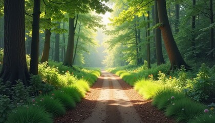 Fototapeta premium Scenic Dirt Road Winding Through a Lush Green Forest Surrounded by Tall Trees and Sunlight