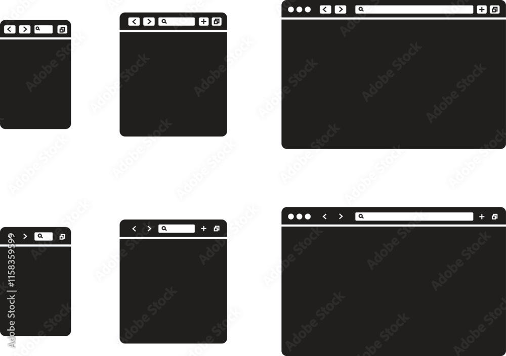 Poster browser window flat icons set . designs template with browser window for website and mobile app devi