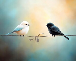 Fototapeta premium Two birds perched on a branch, serene moment.