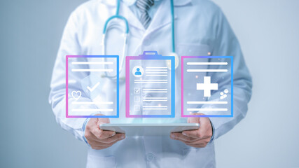 Healthcare, Medical service and Health insurance concept. Medicine doctor use tablet to review patient medical records on virtual screens for digital healthcare, health document checklist.