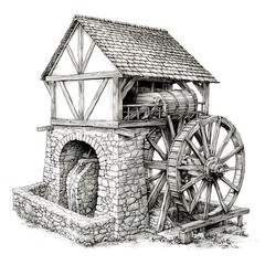 Obraz premium An illustration of a medieval watermill with a large wooden water wheel and stone structure.