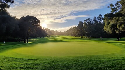 Serene morning shot with ball and club in position for the perfect drive
