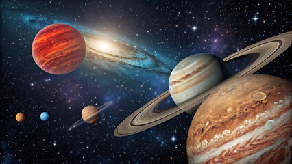 Fototapeta premium Vibrant close-up of diverse planets and galaxies in the cosmic universe.