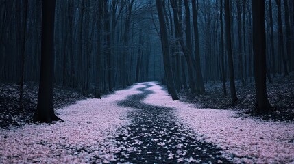 A path through a forest with pink leaves on the ground