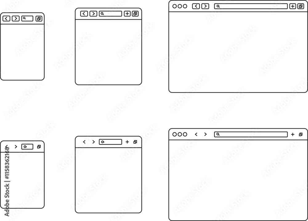 Poster browser window line icons set . designs template with browser window for website and mobile app devi