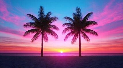 Vibrant Sunset Scene: Two Palm Trees Silhouetted Against a Vivid Tropical Sky - 3D Render. AI Generated