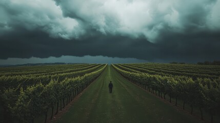 Fototapeta premium A man walks through a field of grape vines