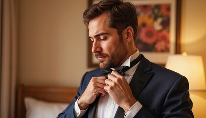 Young bearded man in a fitted black suit adjusting his black bow tie against a blurry background