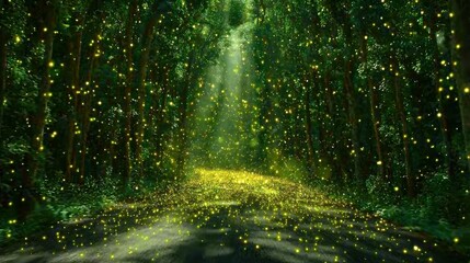 Enchanting Forest Path Illuminated by Fireflies with Sunlight Filtering Through Lush Green Trees and Sparkling Particles in the Air