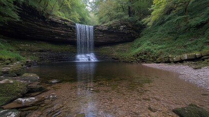 A waterfall is in the middle of a forest