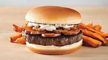 Delicious Sweet Potato Burger Photo: Close-up Shot Showing Juicy Patty Topped with Creamy Sauce and Crispy Fries. AI Generated