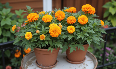 French Marigold (Tagetes patula) Vibrant orange and yellow flowers in a rustic terracotta pot, evoking the charm of traditional French