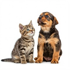 "A tabby kitten and a brown and black puppy sitting next to each other, both looking upwards on a white background, highly detailed fur, 8k, studio lighting"
