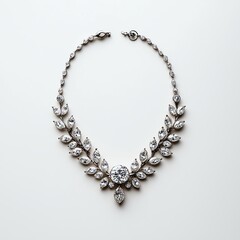 A stunning diamond necklace in neoclassical style, with intricate details, on a solid white background, single object