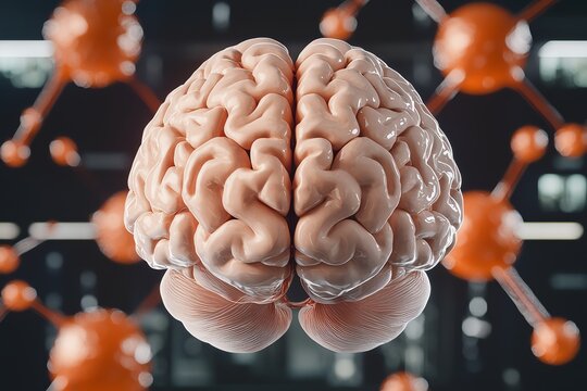 A surreal representation of a human brain surrounded by floating holographic screens displaying molecular structures and neural pathways