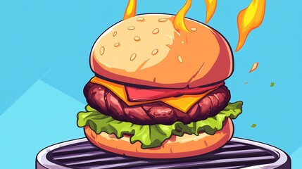 Deliciously Illustrated Burger Sizzling on Grill: Vibrant Digital Painting. AI Generated