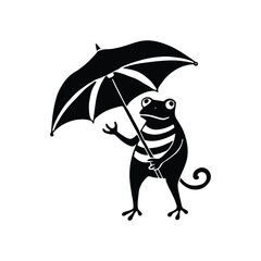 a black and white drawing of a frog with an umbrella.