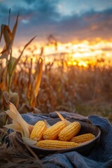 A bowl of fresh yellow corn with golden stalks in the background against a warm sunset sky