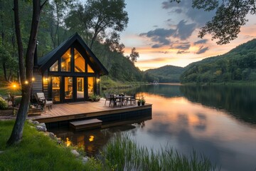 Fototapeta premium Cozy Lakeside Cabin at Sunset with Reflections on Water and Lush Green Surroundings