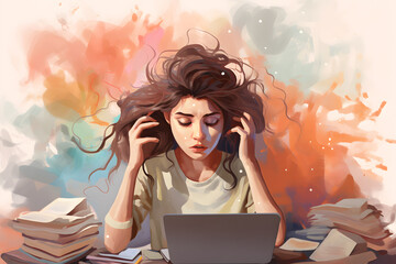 illustration of portraits of stressed woman (generative AI)