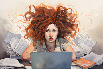 illustration of portraits of stressed woman (generative AI)