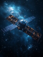 Satellite orbiting in deep space nebula.