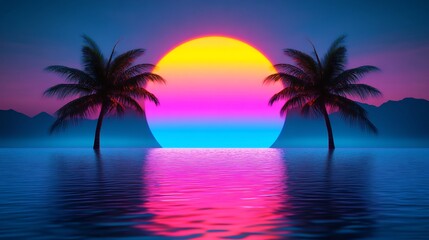 Vibrant Retro Sunset: Striking 3D Render of Palm Trees Silhouetted Against Neon Hues. AI Generated