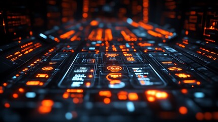 Obraz premium Futuristic digital interface with glowing orange and blue elements.