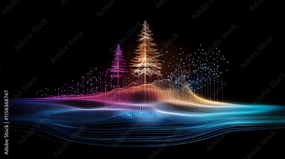 Poster colorful digital landscape with abstract trees and waves of light on a black background
