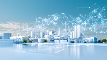 Futuristic industrial landscape with digital connections and a clear blue sky