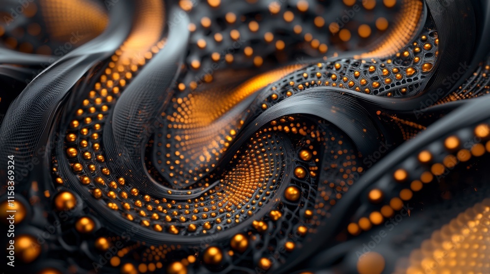 Poster abstract flowing texture with black and orange patterns and bubbles in 3d style