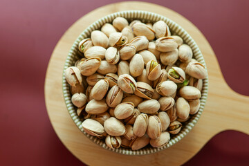 Delicious pistachio cup. Vegetarian plant-based protein source. Healthy snack. Vegetarian and vegan food.